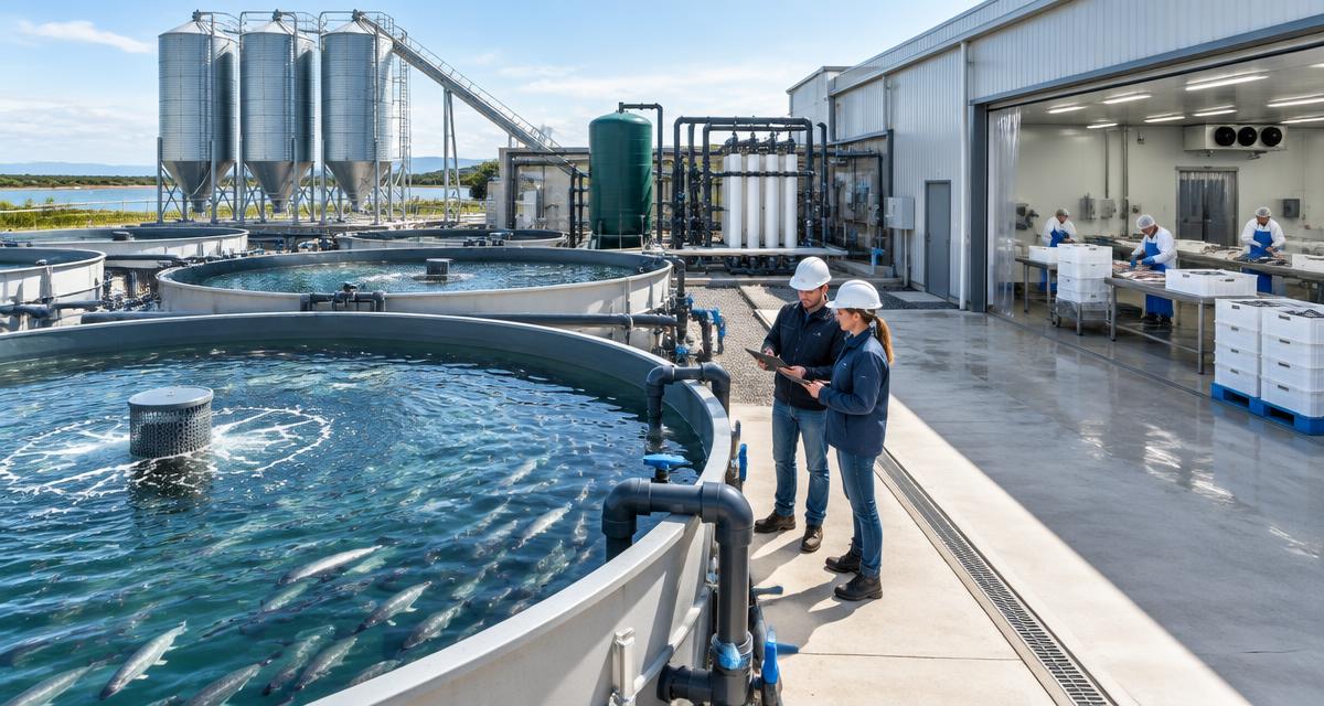 Integrierte Aquakulturanlage mit Fischbecken, Wasseraufbereitung, Futtersilos und gekühltem Verpackungsbereich