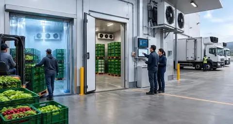 Illustration of a refrigerated produce warehouse with loading doors and cooling equipment