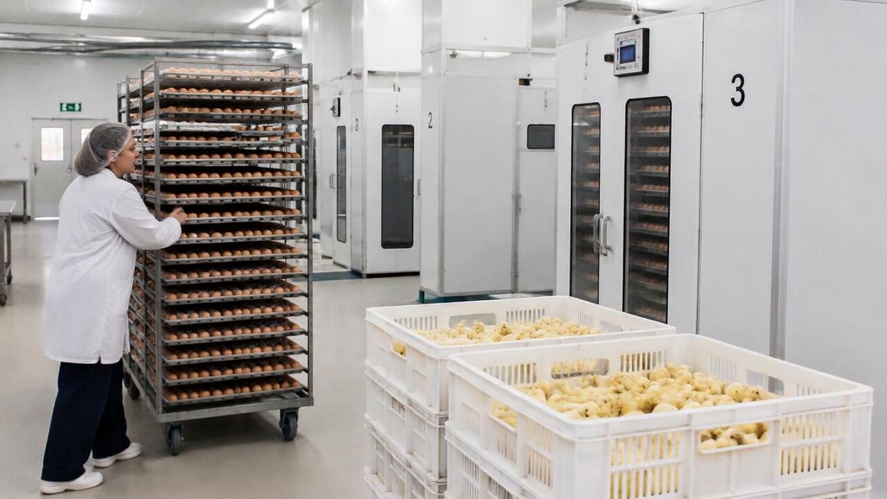 Distribución de una planta de incubación comercial que conecta el almacenamiento de huevos, la incubación, el procesamiento de pollitos y la expedición climatizada
