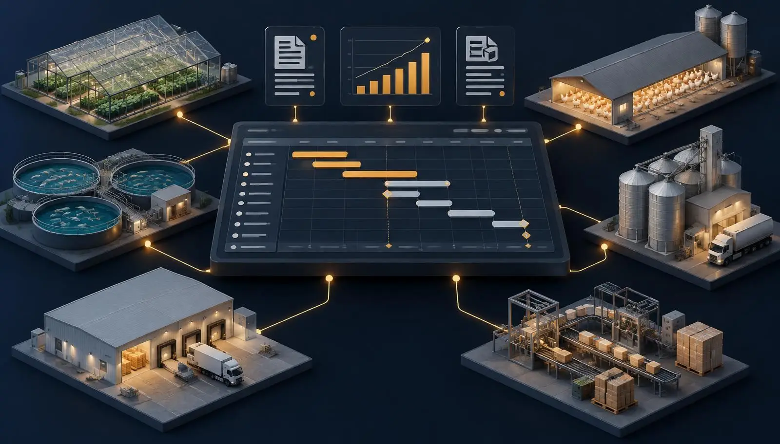 Illustration of a project timeline at the centre, connected to a greenhouse, poultry house, fish-farm tanks, feed mill, cold store and packaging line
