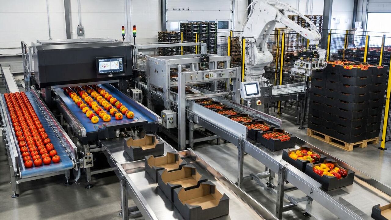 Fruit and vegetable packhouse layout connecting receiving, grading, packaging, palletising and refrigerated dispatch
