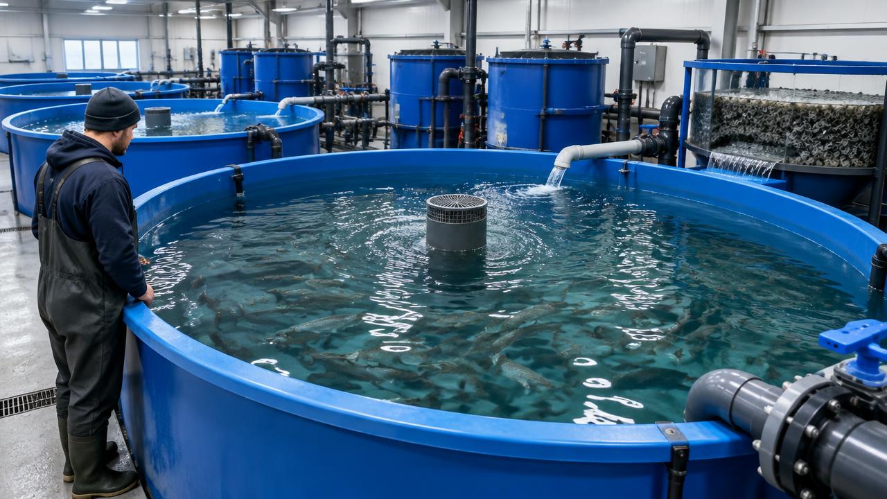 RAS aquaculture facility layout connecting tanks, biofiltration, aeration, feed systems and harvest and water management