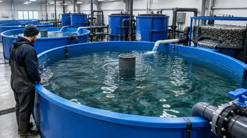Illustration of a worker inspecting circular indoor aquaculture tanks