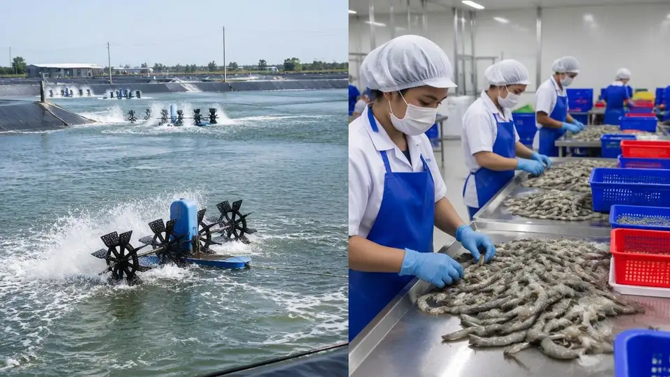 Paddle-wheel aerators in a shrimp pond beside workers in a processing hall sorting raw shrimp on steel tables