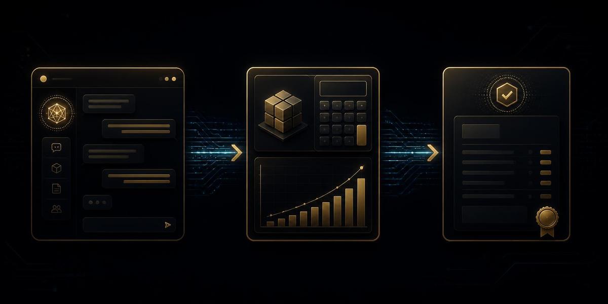 Diagram of the agentic procurement workflow: AI assistant conversation, MCP-driven CAPEX and financing calculators, and a submitted structured request for quotation
