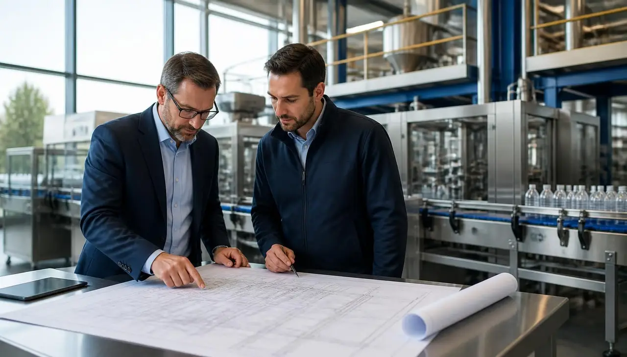 Procurement lead and engineering adviser reviewing industrial line drawings in a plant