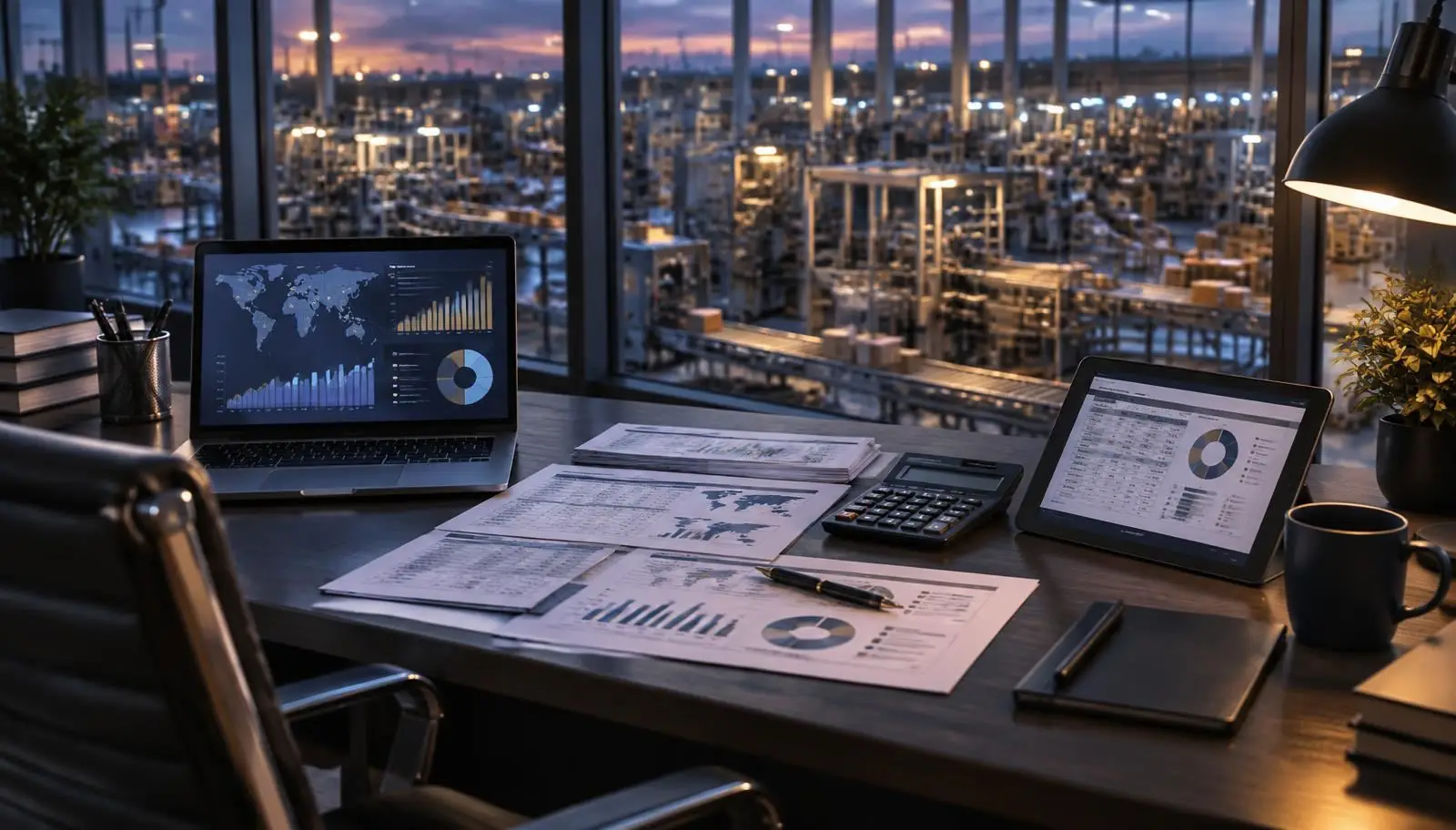 Procurement desk overlooking a factory floor, with cost charts, a world map and RFQ comparison sheets