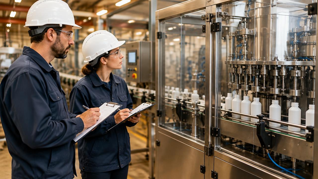 Two engineers inspecting a filling and sealing machine during acceptance testing