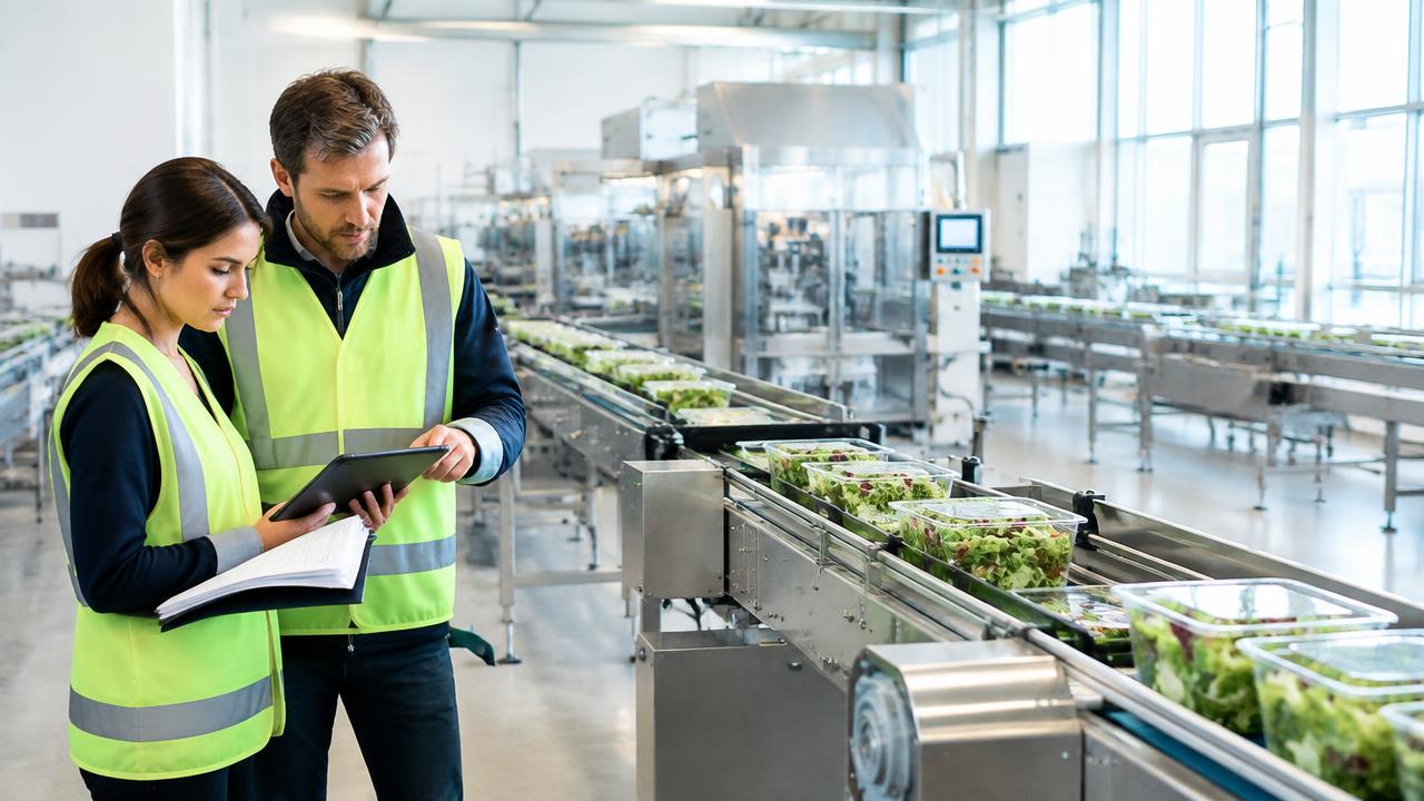 Procurement engineers reviewing project documents beside a fresh-produce packaging line