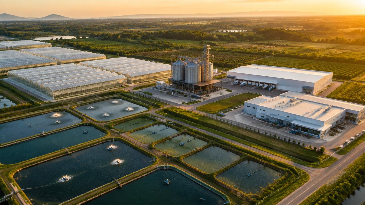 Aerial view of greenhouses, fish ponds, a feed mill, cold storage and a packaging plant