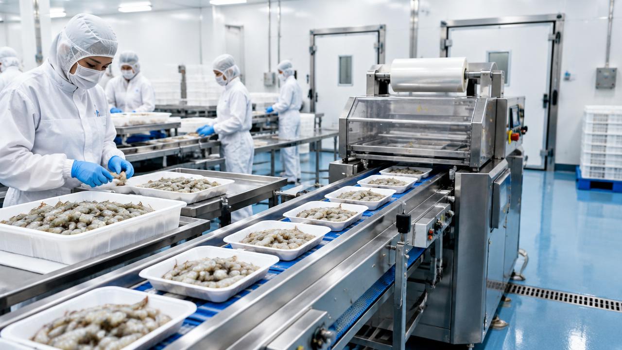 Shrimp moving on a conveyor into a tray-sealing packaging machine