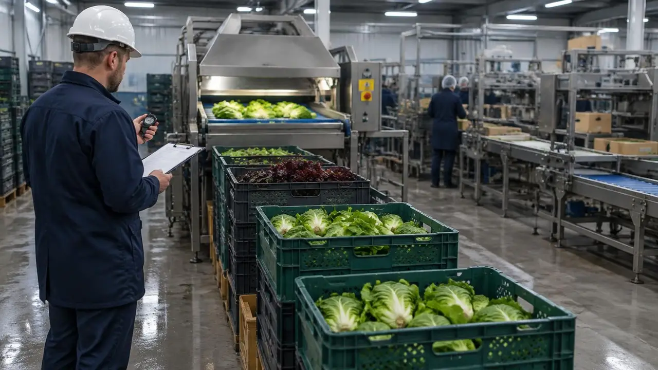 An engineer with a stopwatch and clipboard times a queue of lettuce crates waiting at a single washing and grading machine, while packing stations further down the hall have spare capacity