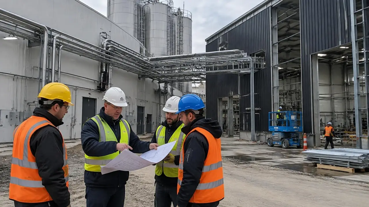 A project manager with a site plan briefs three contractors in different safety vests beside an existing plant, where pipe racks are being tied into a new steel building extension