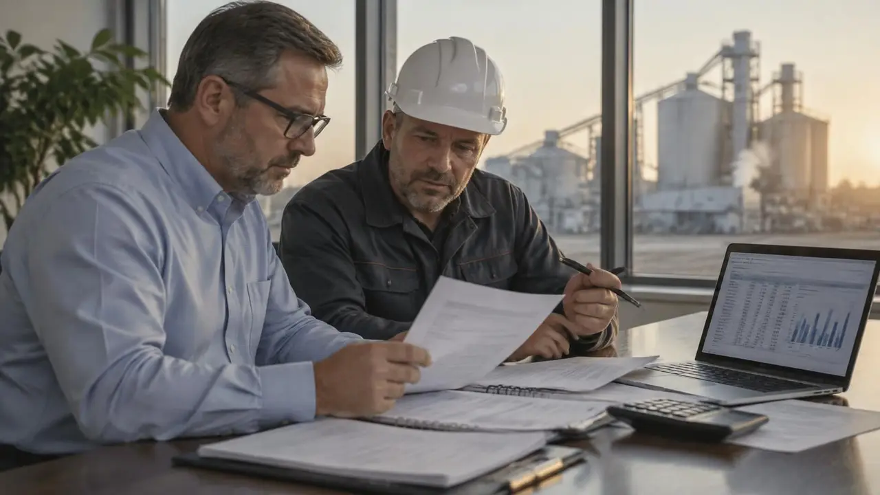 A manager and a site engineer in a hard hat compare printed operating records with a scenario spreadsheet on a laptop, a calculator beside them and feed-mill silos outside the window