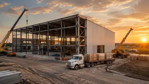 Illustration of an industrial building under construction with cranes and delivery trucks