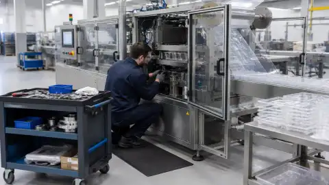 Illustration of a technician servicing industrial packaging equipment