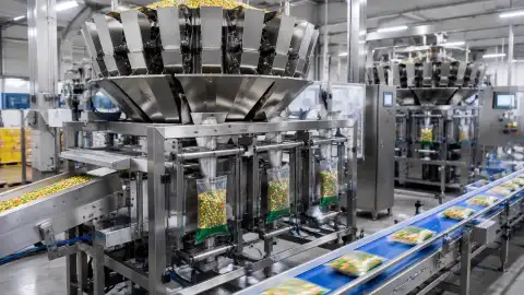 Illustration of automated packaging machinery and production conveyors