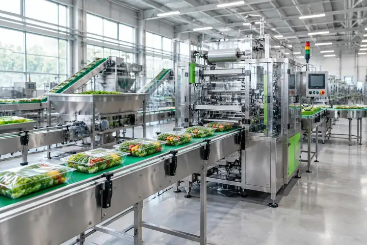 Illustration of an automated vegetable packaging line inside an industrial facility