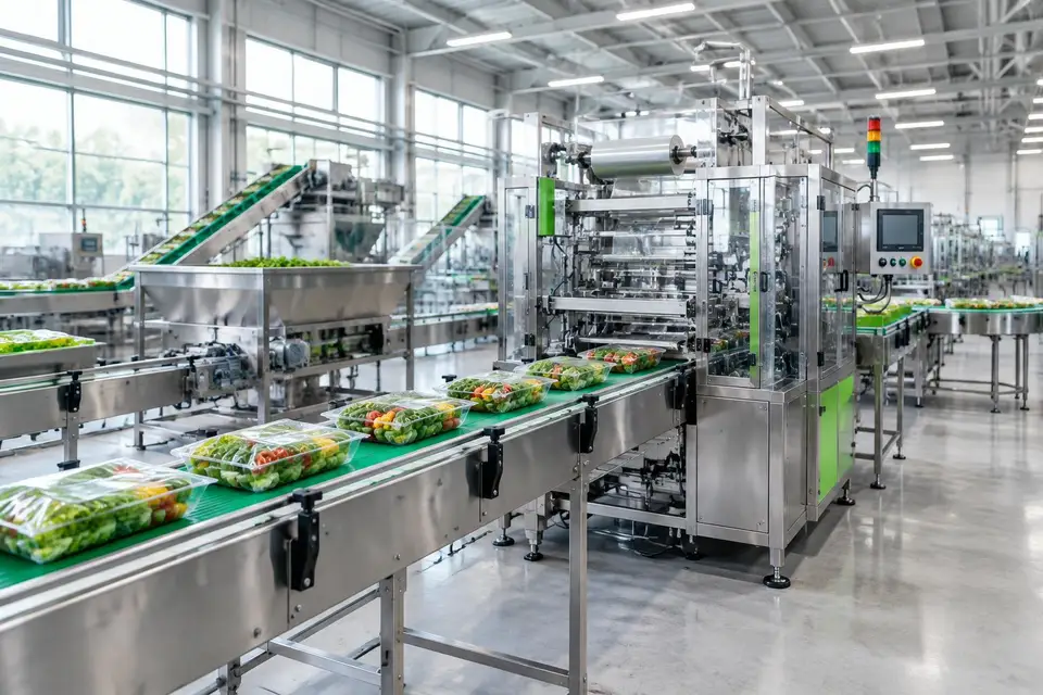 Illustrative automated vegetable packaging production line