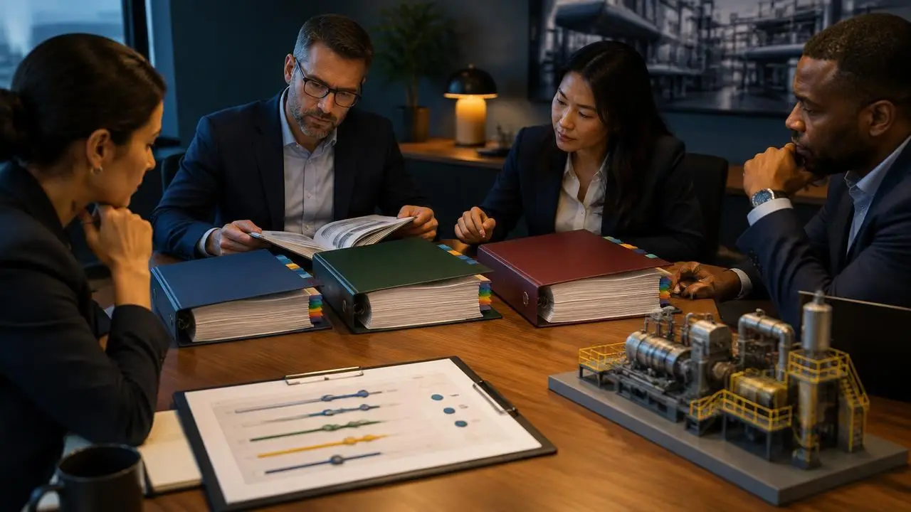 Procurement team comparing three manufacturer proposal binders with a weighted scoring sheet and a plant model