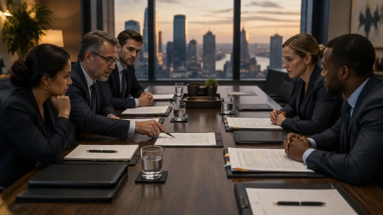 Buyer and supplier teams negotiating marked-up contract drafts across a table