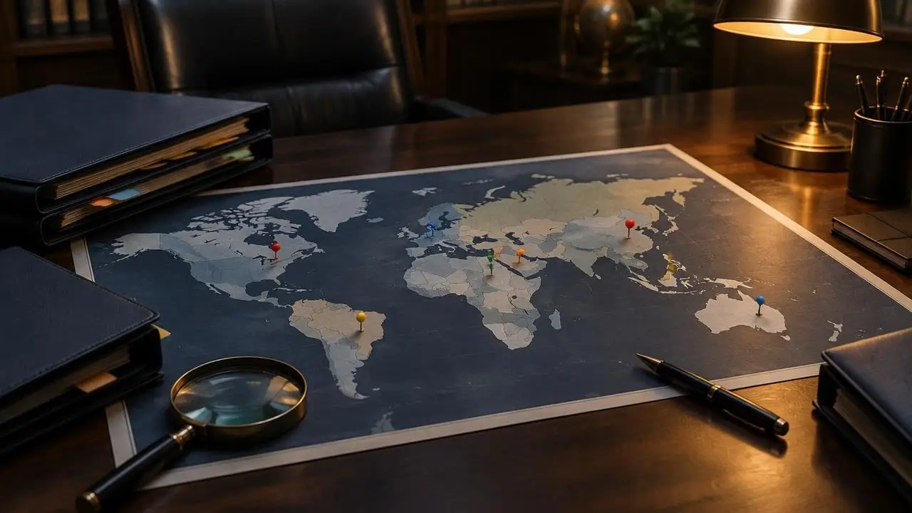 World map with pinned project countries beside risk assessment folders