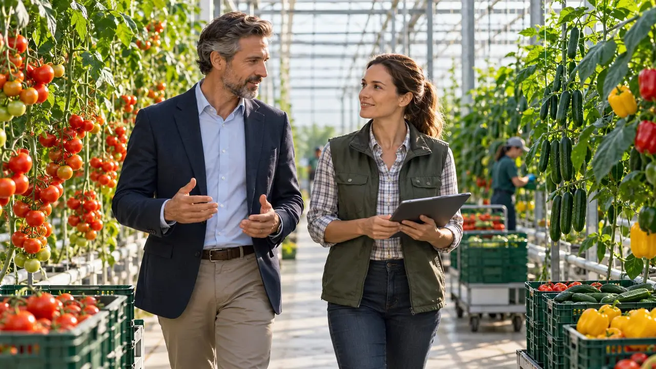 Um comprador de blazer e uma produtora com um tablet conversam enquanto caminham por um corredor de estufa entre tomates em cacho, pepinos e pimentões, ao lado de caixas de hortaliças colhidas