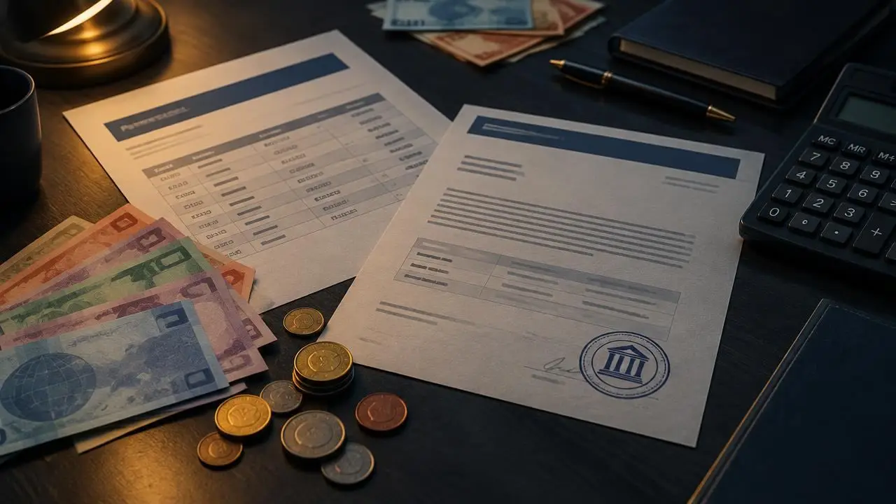 Payment schedule, stamped bank document and mixed currencies on a desk