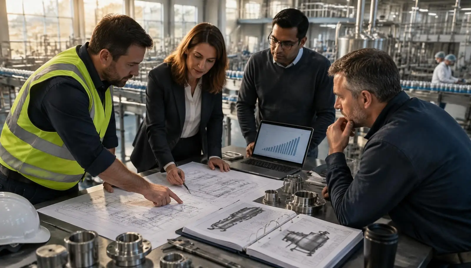 Équipe achats industriels dans un atelier d'usine examinant des plans de procédé, un classeur de spécifications d'équipements et un graphique de coûts sur un ordinateur portable, devant une ligne de production