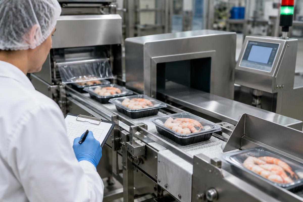 Quality control station showing inspection of sealed shrimp trays at a combined metal detector and checkweigher unit.