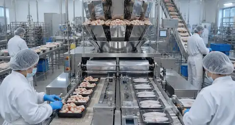 Illustration of seafood workers sorting fish and shrimp beside a packaging conveyor