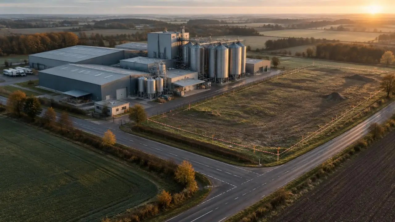 Aerial view of an existing food plant beside an empty staked plot for a possible extension