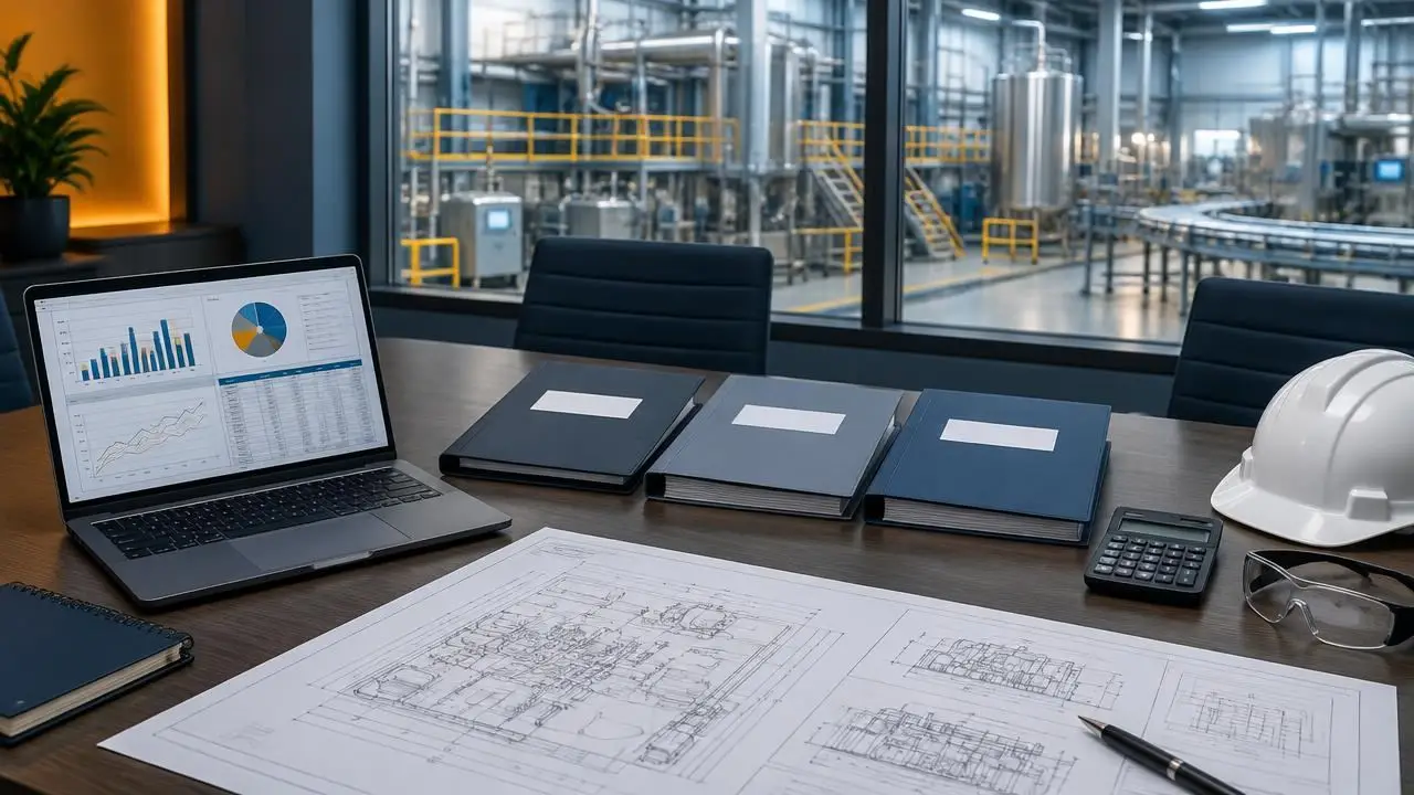 A planning table in a plant meeting room with a laptop showing charts and a spreadsheet, three proposal binders side by side, technical drawings, a calculator and a hard hat, with a stainless-steel production floor behind the window