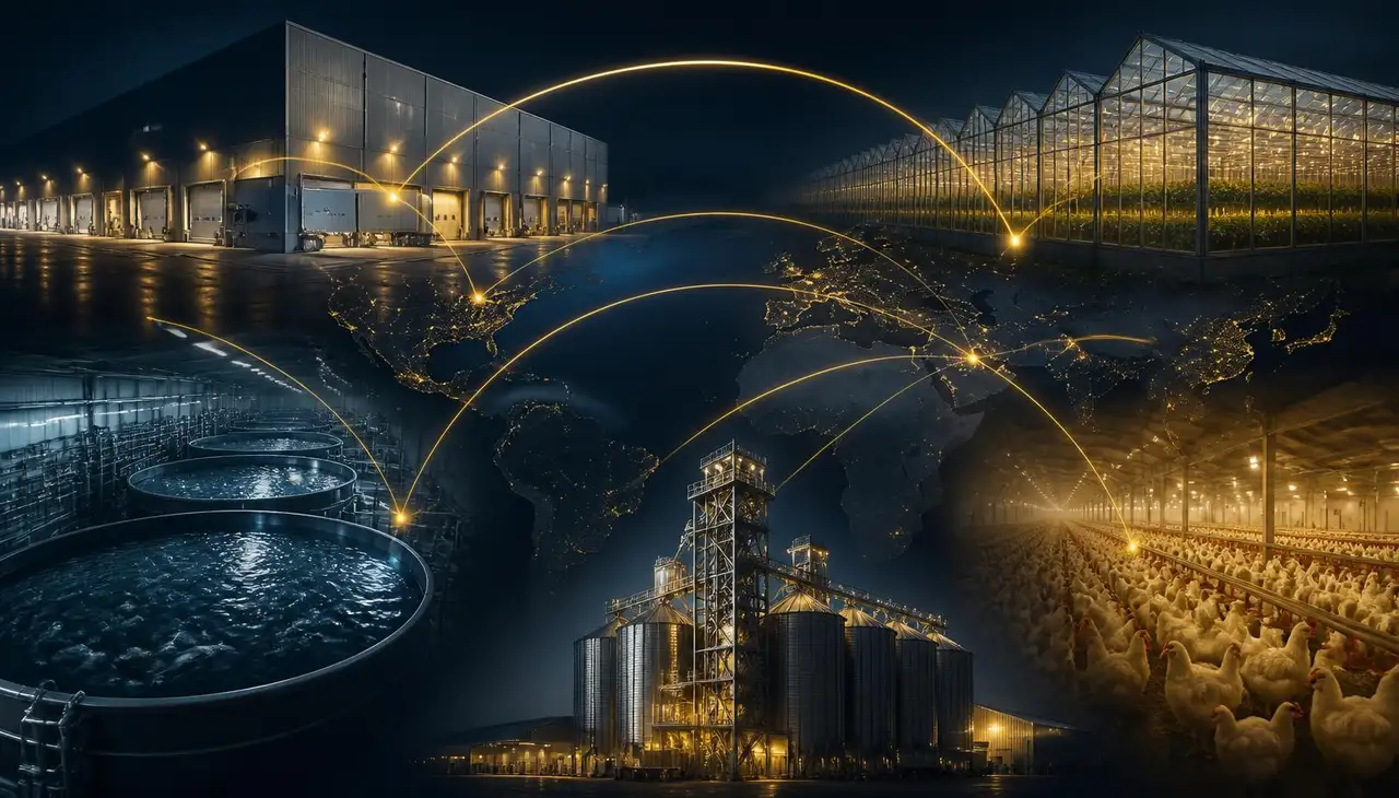 Night composite of a cold store, greenhouse, aquaculture tanks, feed mill silos and a poultry house linked across a world map