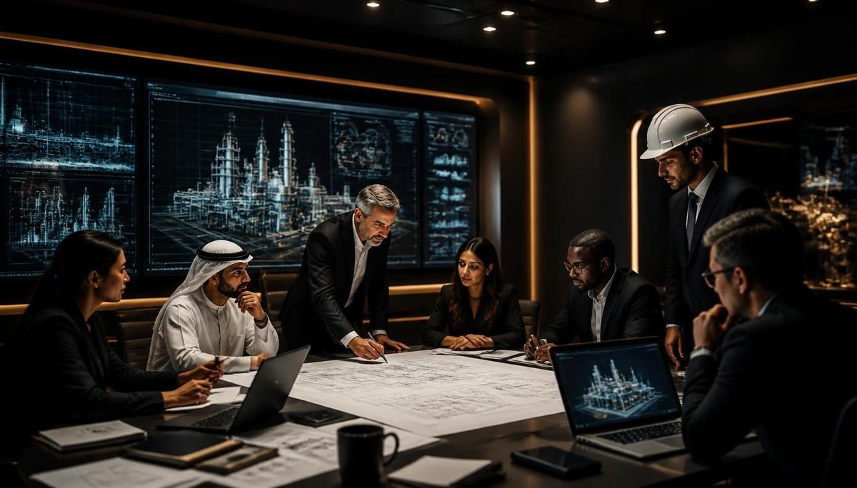 Multilingual industrial procurement team of engineers and advisors reviewing plant drawings and project dashboards