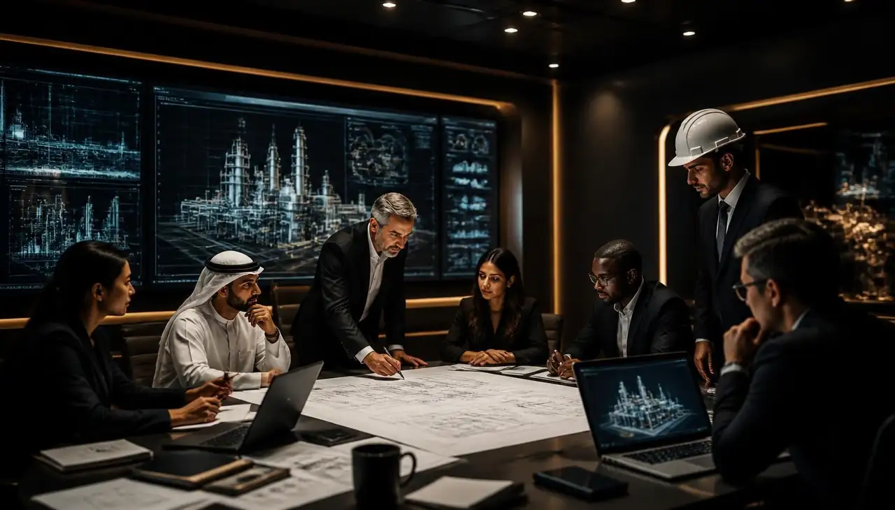 Multinational buyer-side procurement team reviewing plant drawings around a project table