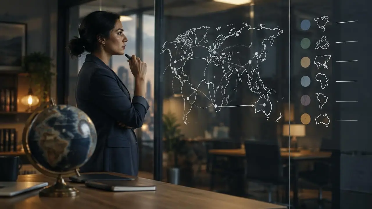 Sourcing strategist studying a regional map sketched on a glass wall