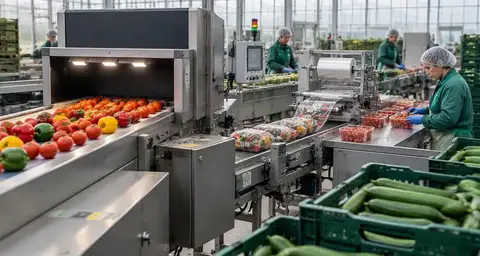 Illustration of workers grading greenhouse vegetables on produce packing conveyors