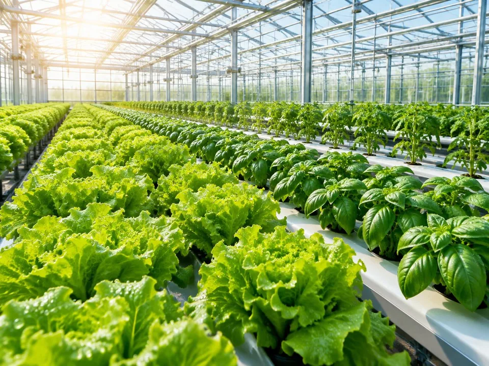 Rows of vivid green lettuce, herbs and young plants inside a modern glass greenhouse