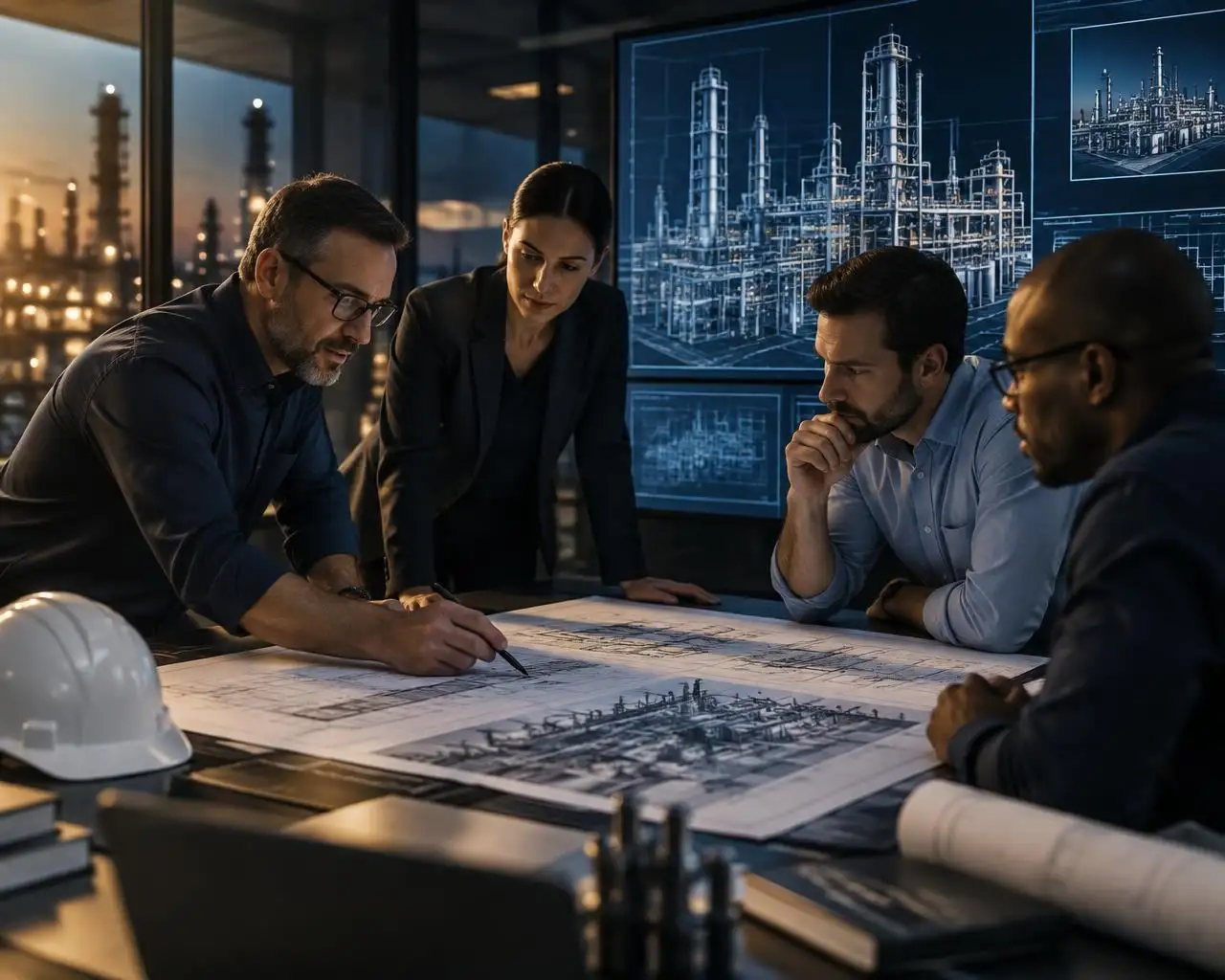 Buyer-side project team reviewing plant layout drawings and process schematics around a planning table