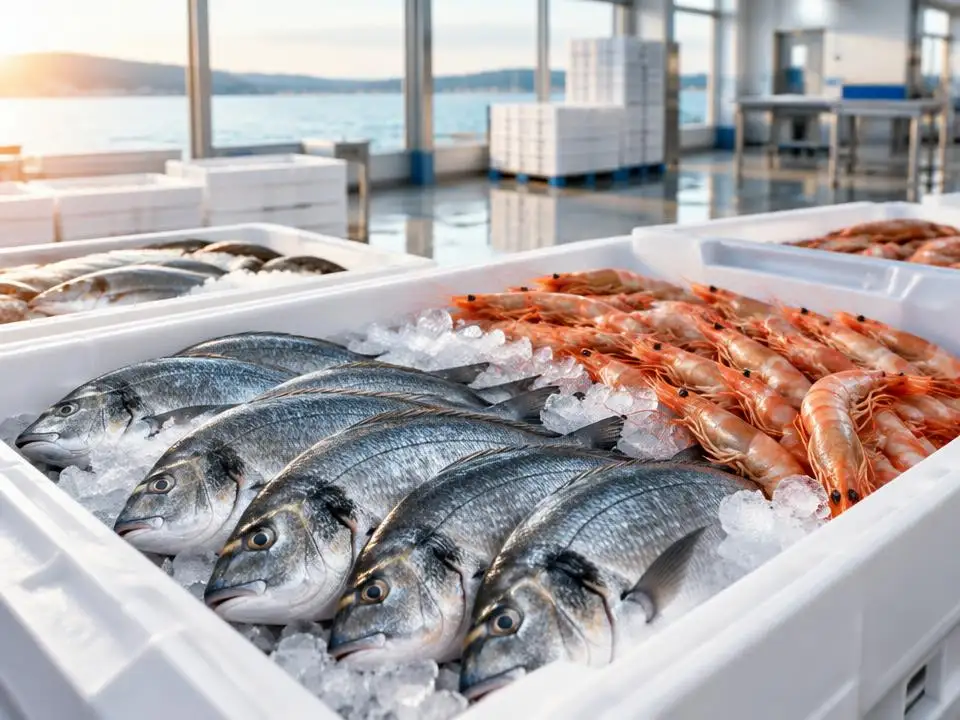 Whole sea bream and shrimp on ice in white crates