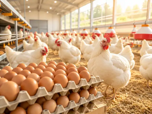 White hens in a bright poultry house with brown eggs in trays