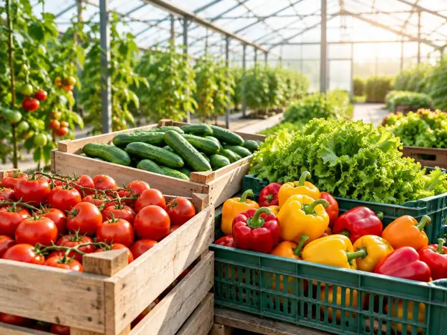 Crates of tomatoes, cucumbers, peppers and lettuce in a greenhouse