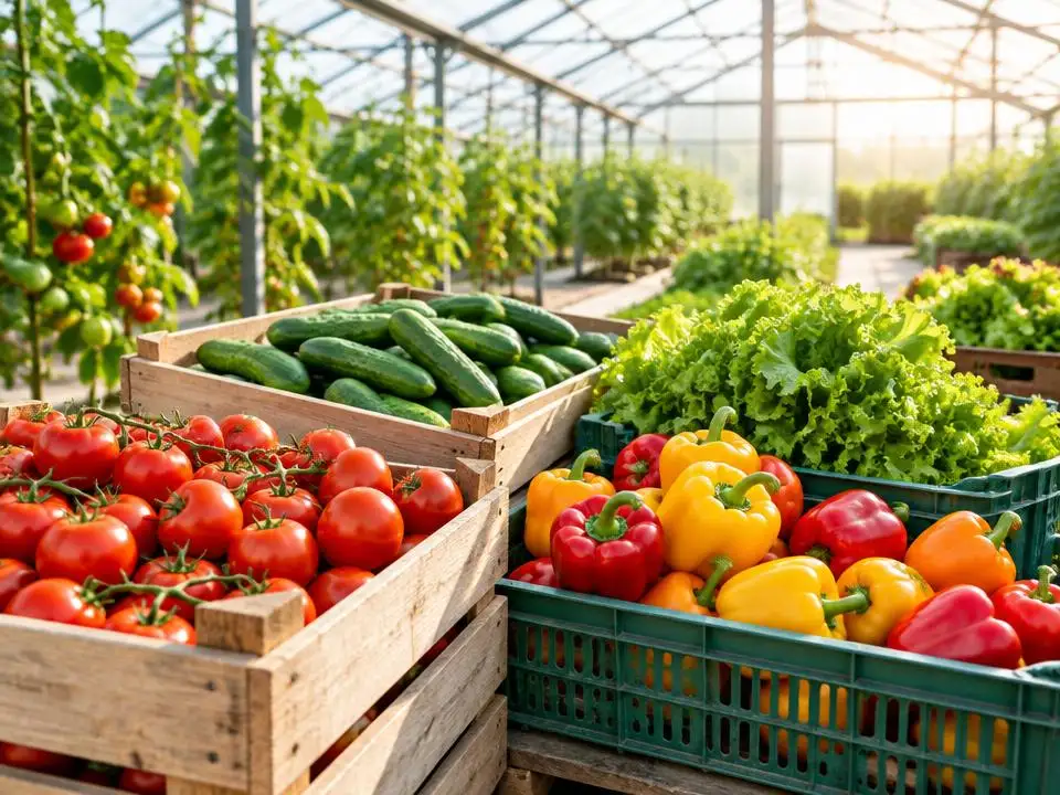 Wooden crates of tomatoes and cucumbers beside crates of peppers and lettuce in a greenhouse