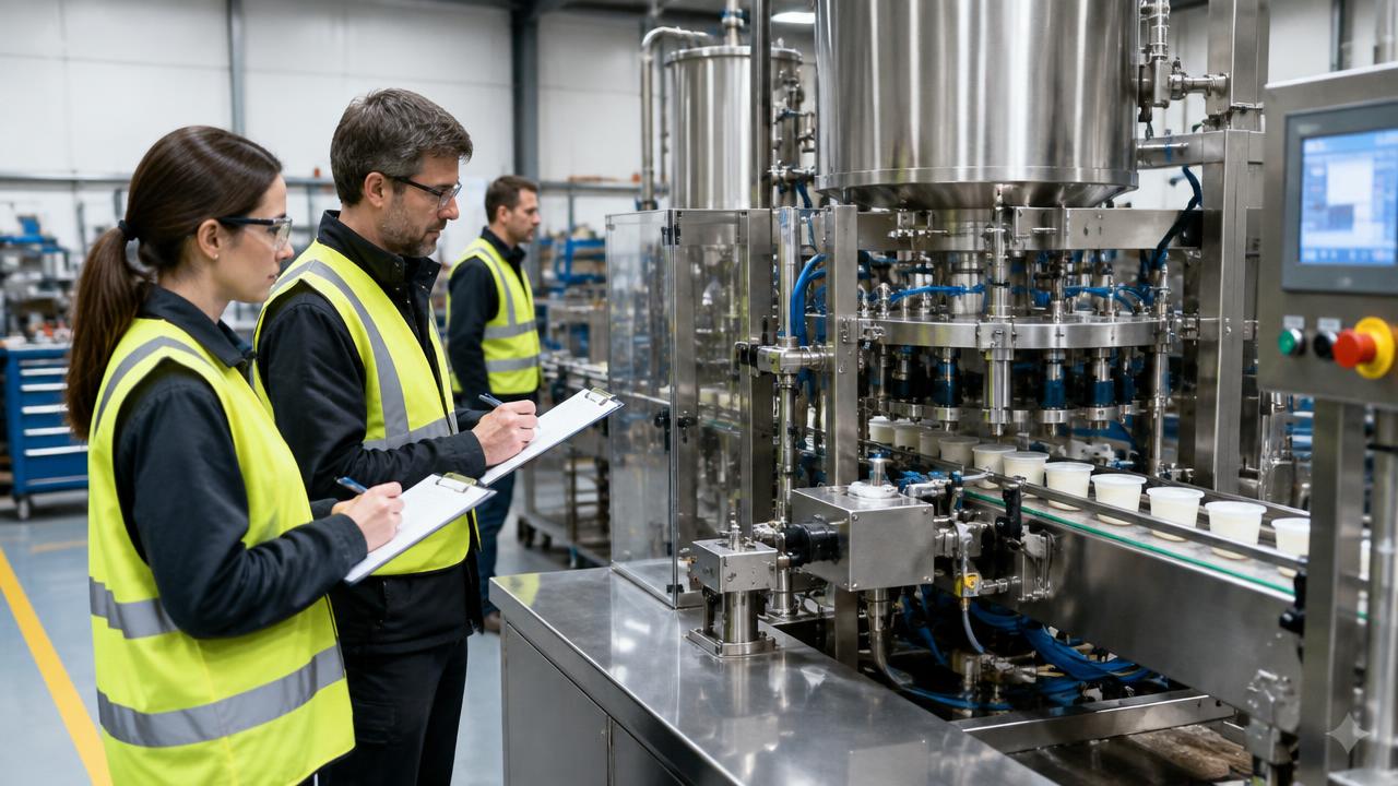 Processing equipment prepared for witnessed factory testing with instruments and an acceptance checklist