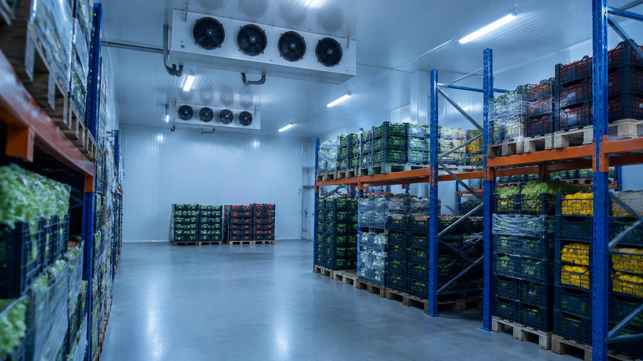 Cold room layout showing pallet positions, access aisles, evaporators and dispatch doors