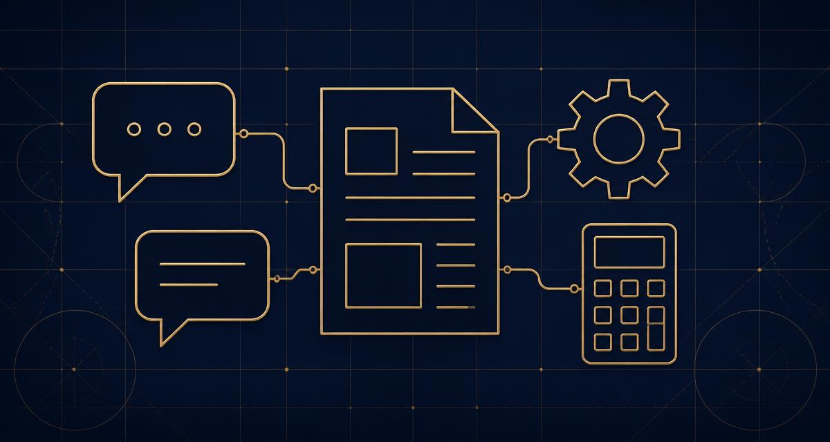 Line illustration of buyer questions connected to an RFQ document, a calculator and a gear icon