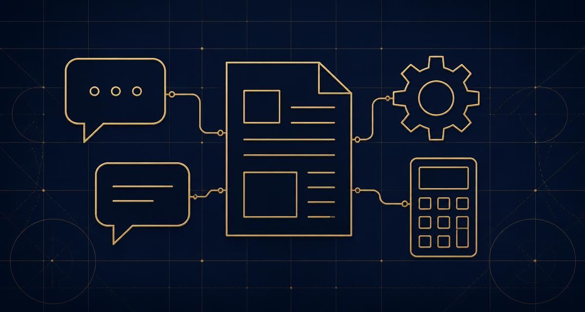 Line illustration of buyer questions connected to an RFQ document, a calculator and a gear icon