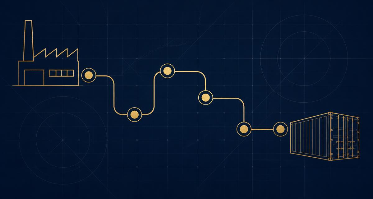 Line diagram of the project-first buyer journey: a factory linked by six milestone nodes to a shipping container