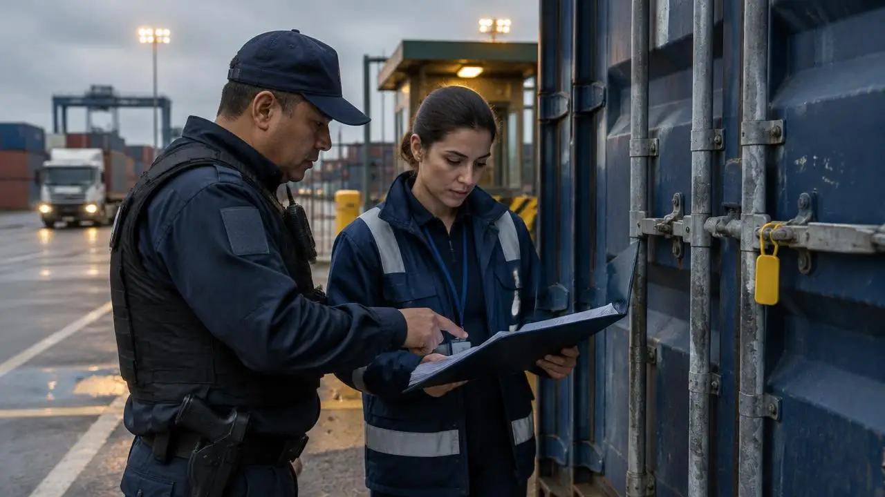 Customs officer and logistics coordinator checking documents against a container seal
